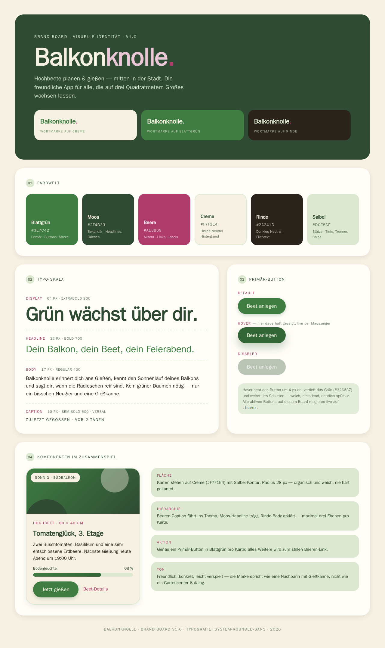 Screenshot (Desktop) des Artefakts, das Claude Fable 5 für „Brand-Board“ gebaut hat